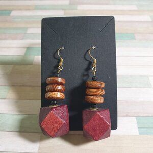 Handcrafted Geometric Wooden Drop Earrings Vintage Gold Tone Hooks Natural